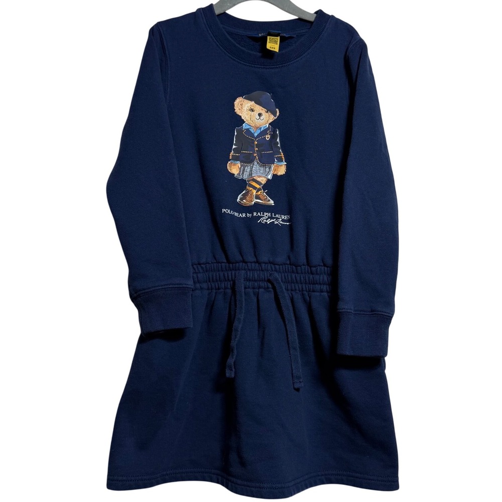 Polo Ralph Lauren Girls Navy Blue Polo Bear Fleece Sweatshirt Dress Size 6